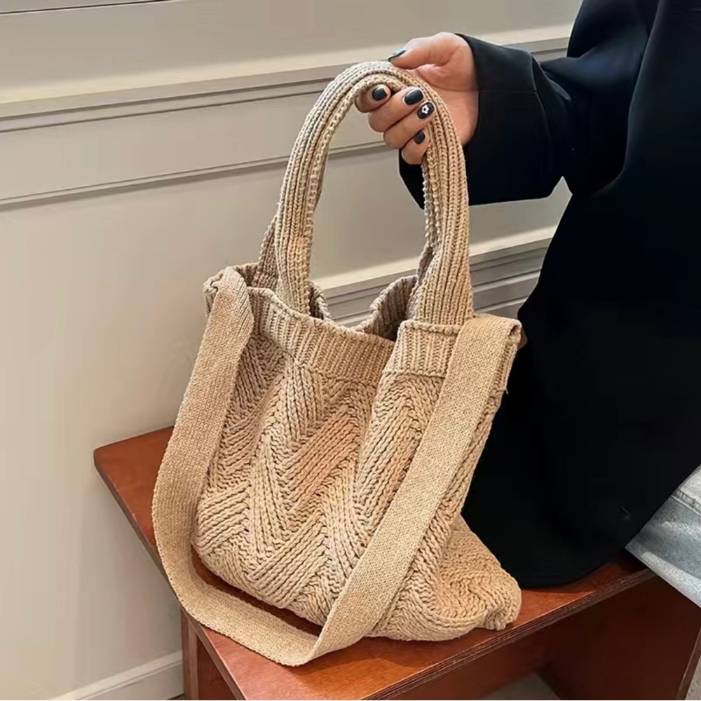 NEW Bohemian Soft Knit Handbag w/ shoulder strap Versatile Foldable Color KHAKI - Picture 5 of 6
